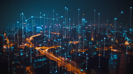 Fototapeta premium Smart digital city with connection cyber security network reciprocity over the cityscape . future smart wireless digital city and social media networking systems that connects people within the city
