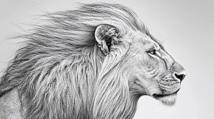 Black and white lion portrait profile with blowing mane.