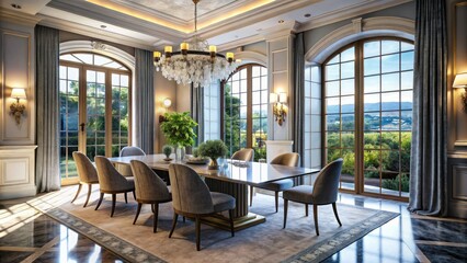 Modern classic dining room: marble table, arched windows, and a stunning chandelier create an elegant ambiance.