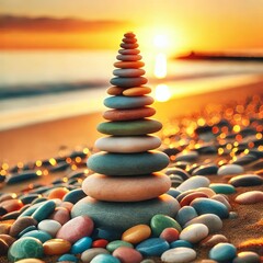 Obraz premium Colorful stones stacked on beach at sunrise with golden sky. Perfect for meditation, relaxation, tranquility, wellness designs. Mindfulness, life balance concept 