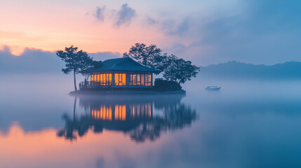 Fototapeta premium House on island, nature water peaceful serene, tranquil calm reflection mist, travel landscape vacation summer, sky view sunrise scenic horizon, tourism panorama architecture serenity waterfront.
