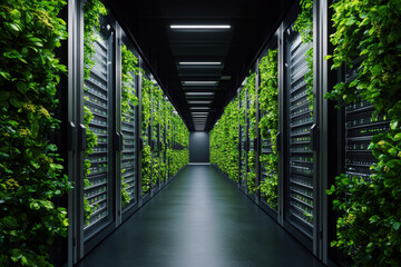 This futuristic data center features lush greenery alongside rows of servers, highlighting innovative designs that integrate nature into technology, promoting sustainability and improved air quality.