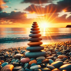 Obraz premium Colorful stones stacked on beach at sunrise with golden sky. Perfect for meditation, relaxation, tranquility, wellness designs. Mindfulness, life balance concept 