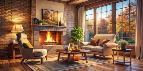 Cozy Living Room Fireplace Interior Design AI Art