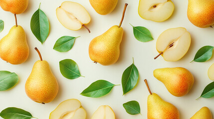 Pear fruit pattern with green leaf or leaves isolated. food print illustration, sweet fresh healthy organic vegetarian wallpaper, tropical decoration art.