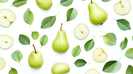 Obraz premium Pear fruit pattern with green leaf or leaves isolated. food print illustration, sweet fresh healthy organic vegetarian wallpaper, tropical decoration art.
