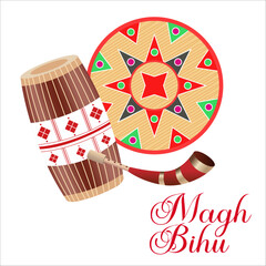 Magh Bihu Celebrate with rhythmic Dhol beats Pepa melodies intricate circular Assamese designs and festive fonts that highlight the joy of this vibrant festival