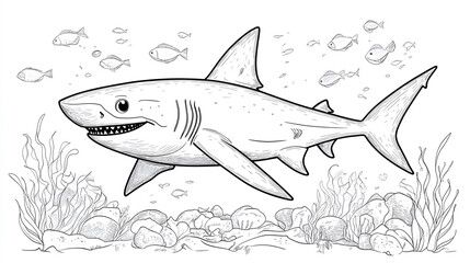 Shark fish illustration for a coloring book page, cute and funny sea or ocean underwater animal, with a cartoon design and outline for kids, highlighting marine life in an educational art drawing.