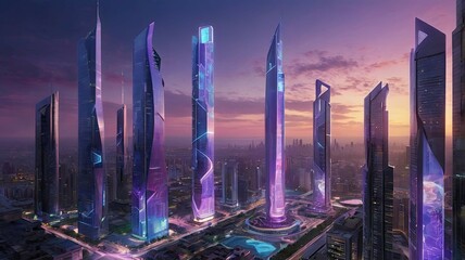 Futuristic city at sunset: glowing towers, neon lights, grand architecture, and an atmosphere of technology and progress.