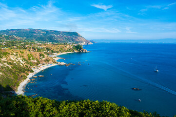 View of paradise Grotticelle Beach from Capo Vaticano Viewpoint - Beautiful landscape scenery near by Tropea, Calabria - Italy