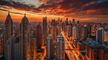Obraz premium Futuristic city at sunset: glowing towers, neon lights, grand architecture, and an atmosphere of technology and progress.