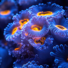 Vibrant Coral Polyps Illuminated in Deep Sea Environment with Glowing Tentacles and Intricate Patterns in a Rich Blue and Orange Color Palette