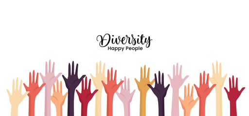 Raised hands of volunteer group, colorful banner.Vector illustration