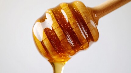 Vibrant Close up of Honey Dripping from Wooden Dipper on White Backdrop