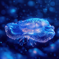 Ethereal Jellyfish Floating in a Tranquil Ocean Environment, Illuminated by Dazzling Blue Lights, Capturing the Wonder of Marine Life and Underwater Beauty
