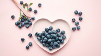 A Heart-Shaped Plate Filled with Fresh Blueberries Surrounded by Scattered Berries on a Pastel Pink Background