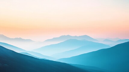 Serene mountain landscape at dawn with soft pastel colors and layered peaks.