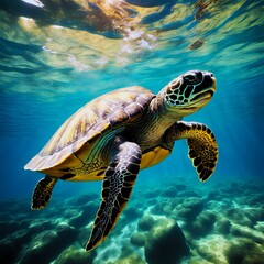 In the tranquility of the clear ocean, a turtle floats elegantly, showing off the beautiful patterns on its shell. Sunlight penetrating the surface of the water creates a magical effect