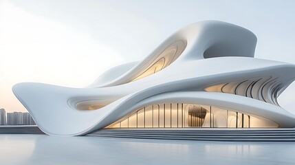 White background with a large curved white architecture