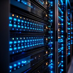 Naklejka premium Sleek and Organized Server Rack Showcasing Advanced Digital Technology
