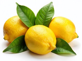 Fresh Eureka Lemons, Vibrant Green Leaves, White Background, Conceptual Photography