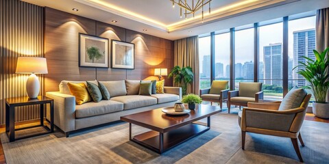 Modern hotel living room: minimalist design for a chic, cozy, and elegant space.