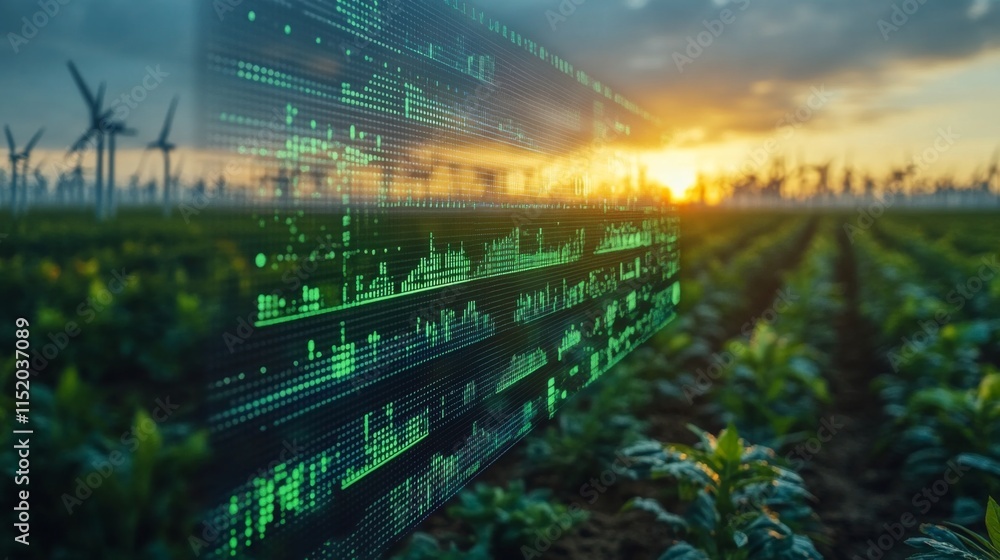 Poster green crops thrive under a vibrant sunset, with wind turbines spinning in the distance. digital data