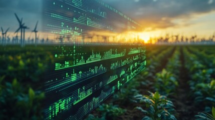Green crops thrive under a vibrant sunset, with wind turbines spinning in the distance. Digital data visualization overlays the fields, showcasing technological advancements in farming.