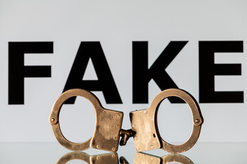 Handcuffs against the background of the word FAKE