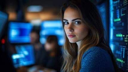 Fototapeta premium Focused Female Technician in a Server Room