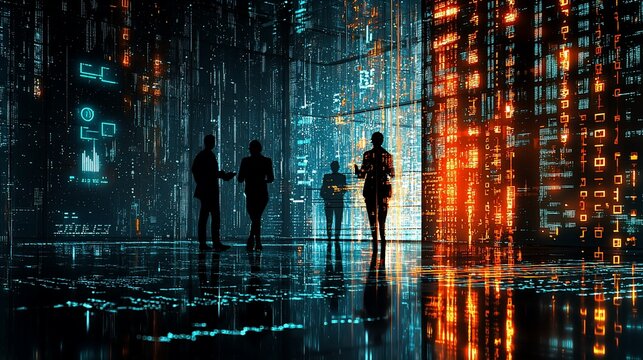 Silhouetted people with digital code in futuristic room.