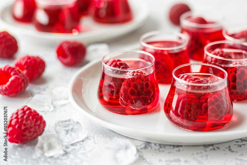 Poster small glasses of sweet raspberry liqueur infused with fresh raspberries and ice, creating a refreshi