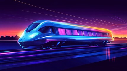A futuristic train depicted in vibrant neon colors, speeding along a track at sunset.