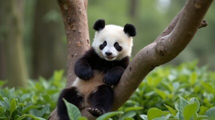 Obraz premium A cute panda sits on the tree trunk 