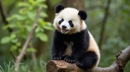 Fototapeta premium A cute panda sits on the tree trunk 