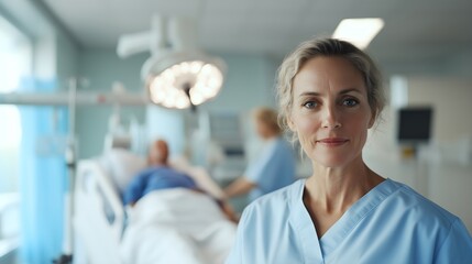 Obraz premium Female caucasian nurse in blue scrubs at intensive care unit with monitoring equipment. Horizontal banner healthcare recruitment, medical education, hospital marketing, wellness center, healthcare