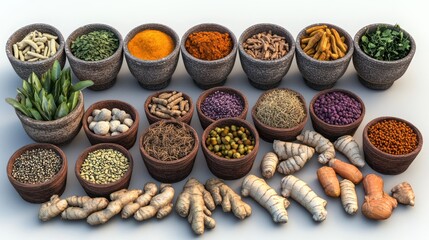 Assorted spices and herbs in bowls.