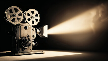 Vintage movie projector casting light beam in dark room