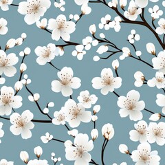 [Seamless Cherry Blossom Wallpaper Design] Cherry Blossom Branches Pattern Sky Blue Wallpaper Decorative Design Floral Wall Art