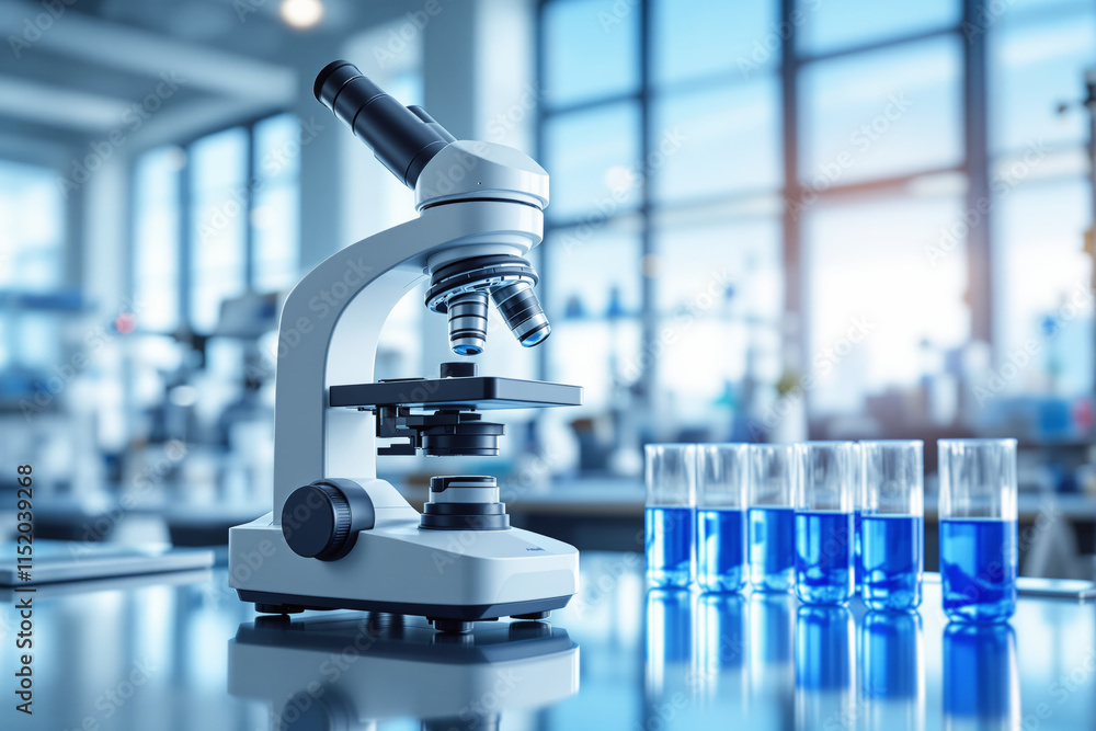 Poster laboratory microscope with blue liquid test tubes in a modern lab setting.