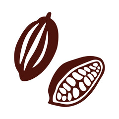 cocoa fruit illustration, brown outline, open pod, cocoa beans, chocolate ingredient, isolated on white.