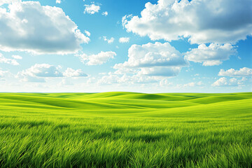 Naklejka premium Lush green landscape under a bright blue sky with fluffy clouds.