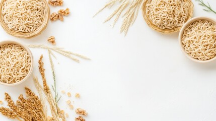 A serene arrangement of dried noodles and natural elements on a light background.