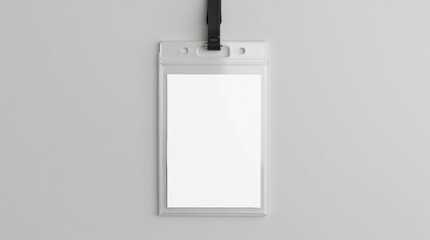 A clear plastic ID holder with a blank white insert hangs from a black lanyard on a grey background. Simple, clean design. Perfect for mockup.
