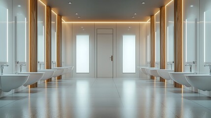Obraz premium Modern minimalist restroom design with sleek sinks and warm lighting