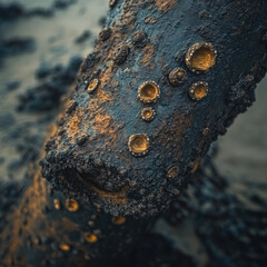 Fototapeta premium Close-Up View of Textured Barnacles on a Weathered Wooden Post Along the Shoreline at Low Tide in a Coastal Setting