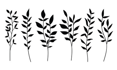 Hand-Drawn Wildflower Silhouette Set with Trees and Branches.Vector Illustration