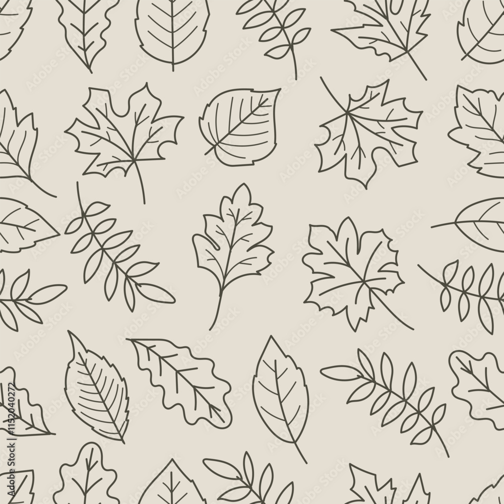 Wall mural seamless pattern of leaves in black line art isolated on brown background