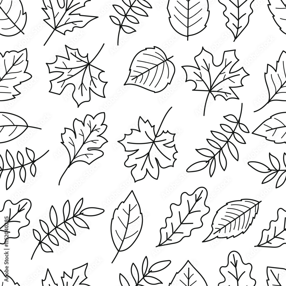 Poster seamless pattern of leaves in black line art isolated on white background.vector illustration