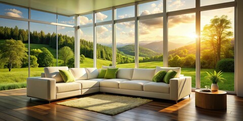 Fototapeta premium Modern living room silhouette: white sectional sofa, verdant view, figures framed against the light.